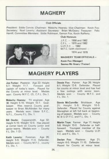 Maghery Player Profiles from 1983 county final match programme